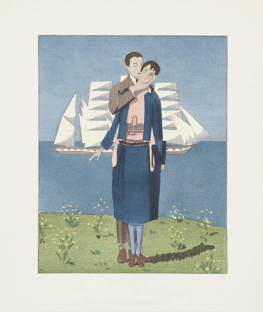 Plakat art deco przedstawiający kobietę i mężczyznę na tle statku