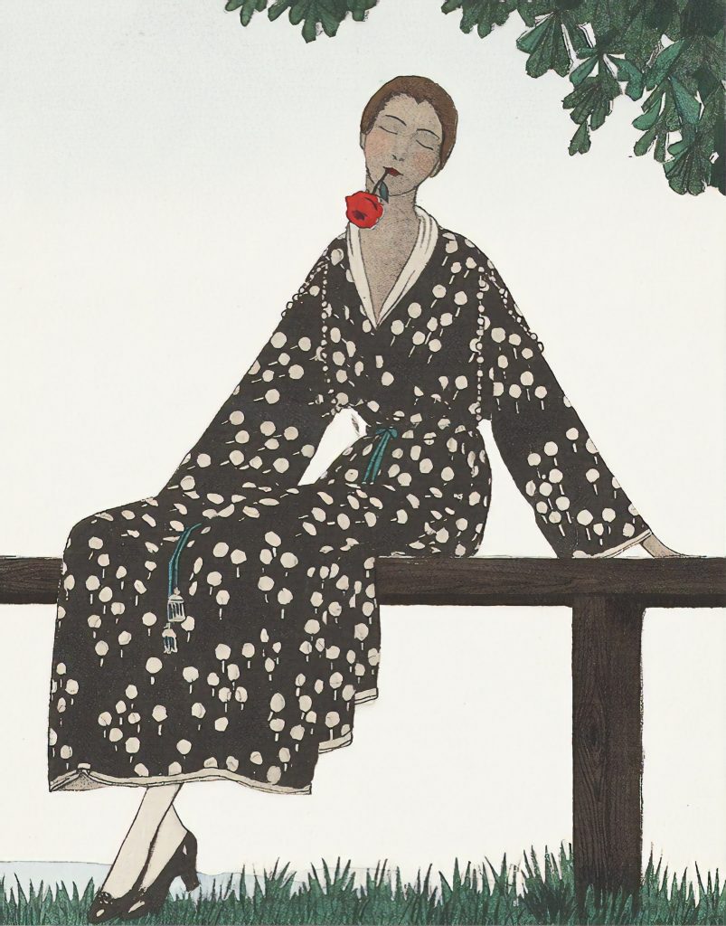 Plakat art deco przedstawiający kobietę na ławce