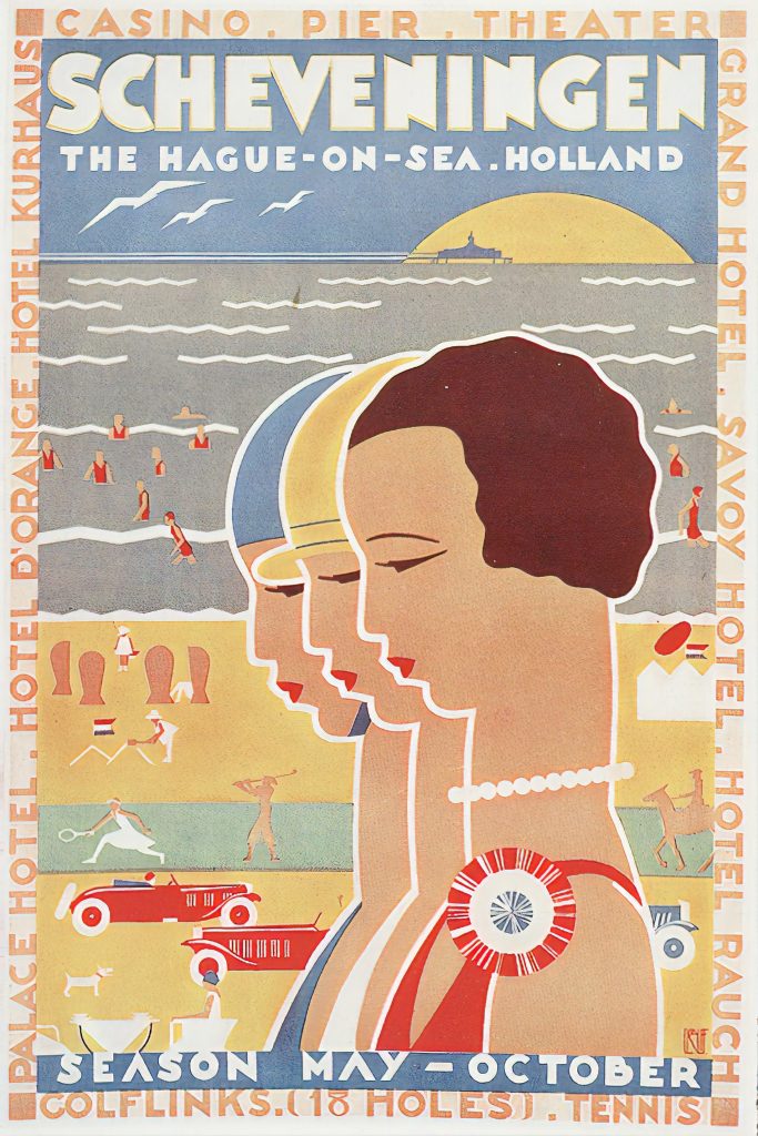 Plakat art deco przedstawiający kobiety na plaży