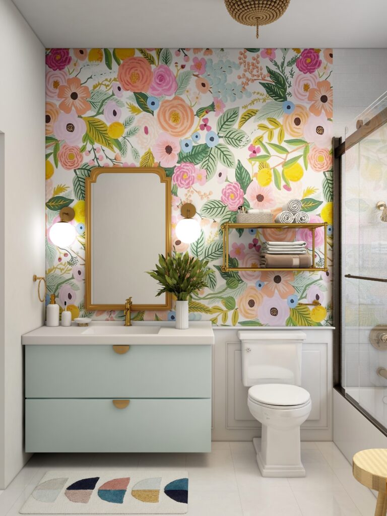 Tapeta na ścianę kwiaty w łazience boho